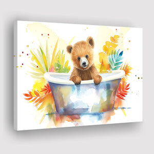 Baby Bear In Bathtub Bathroom Print Tropical Leave, Bathroom Art Decor Canvas Prints Wall Art, Animal Bathroom Art