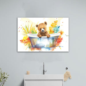 Baby Bear In Bathtub Bathroom Print Tropical Leave, Bathroom Art Decor Canvas Prints Wall Art, Animal Bathroom Art