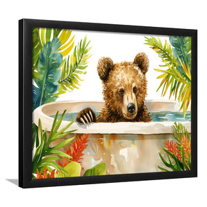 Baby Bear In Bathtub Bathroom Print Tropical Leave V2, Bathroom Art Decor Framed Art PrintsWall Art, Animal Bathroom Art
