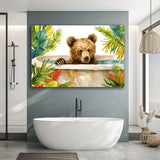 Baby Bear In Bathtub Bathroom Print Tropical Leave V2, Bathroom Art Decor Canvas Prints Wall Art, Animal Bathroom Art
