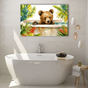 Baby Bear In Bathtub Bathroom Print Tropical Leave V2, Bathroom Art Decor Canvas Prints Wall Art, Animal Bathroom Art