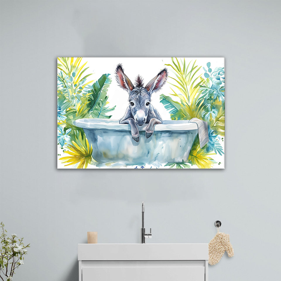 Baby Donkey In Bathtub Bathroom Print Watercolor, Bathroom Art Decor Canvas Prints Wall Art, Animal Bathroom Art