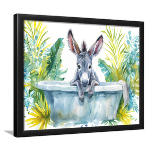 Baby Donkey In Bathtub Bathroom Print Watercolor, Bathroom Art Decor Framed Art PrintsWall Art, Animal Bathroom Art