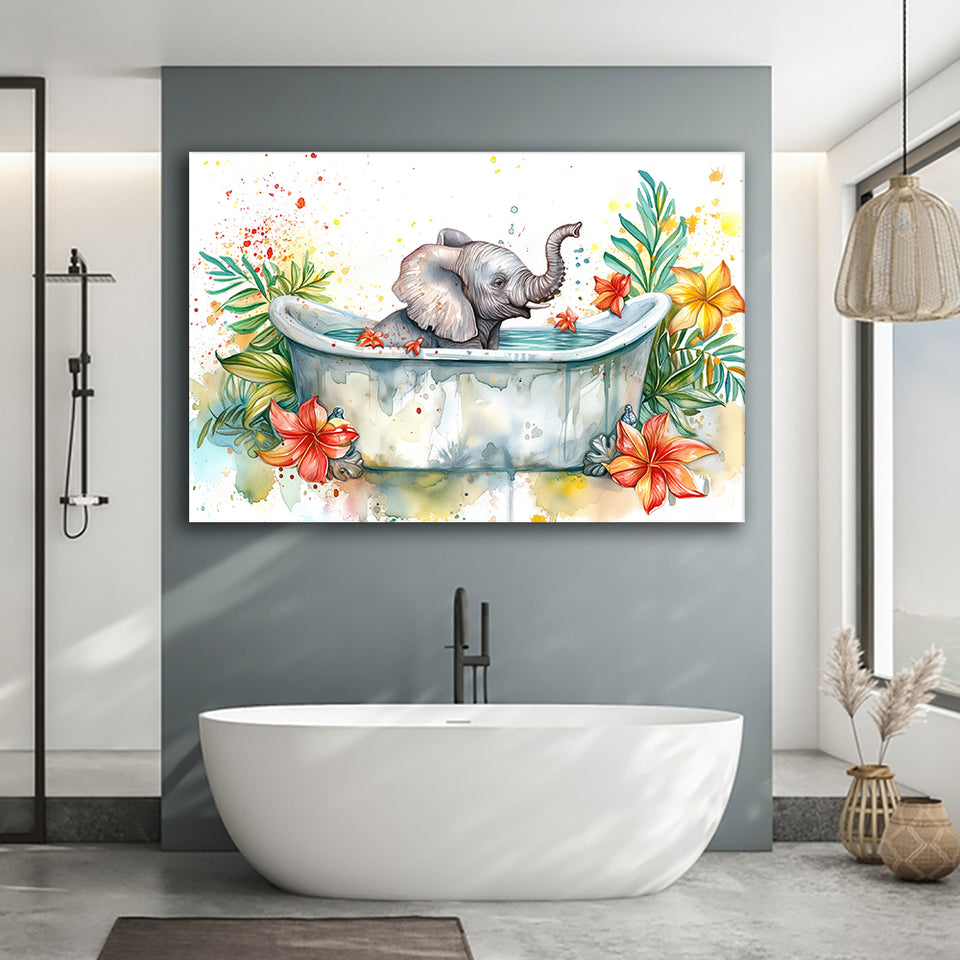 Baby Elephant In Bathtub Bathroom Print Water Color, Bathroom Art Decor Canvas Prints Wall Art, Animal Bathroom Art