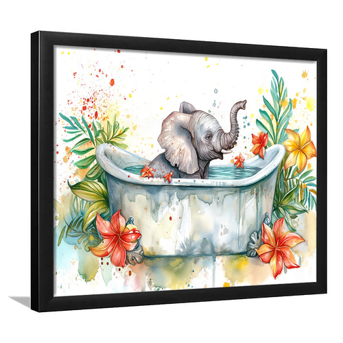 Baby Elephant In Bathtub Bathroom Print Water Color, Bathroom Art Decor Framed Art PrintsWall Art, Animal Bathroom Art