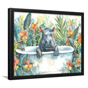 Baby Hippo In Bathtub Bathroom Print Tropical Leave, Bathroom Art Decor Framed Art PrintsWall Art, Animal Bathroom Art