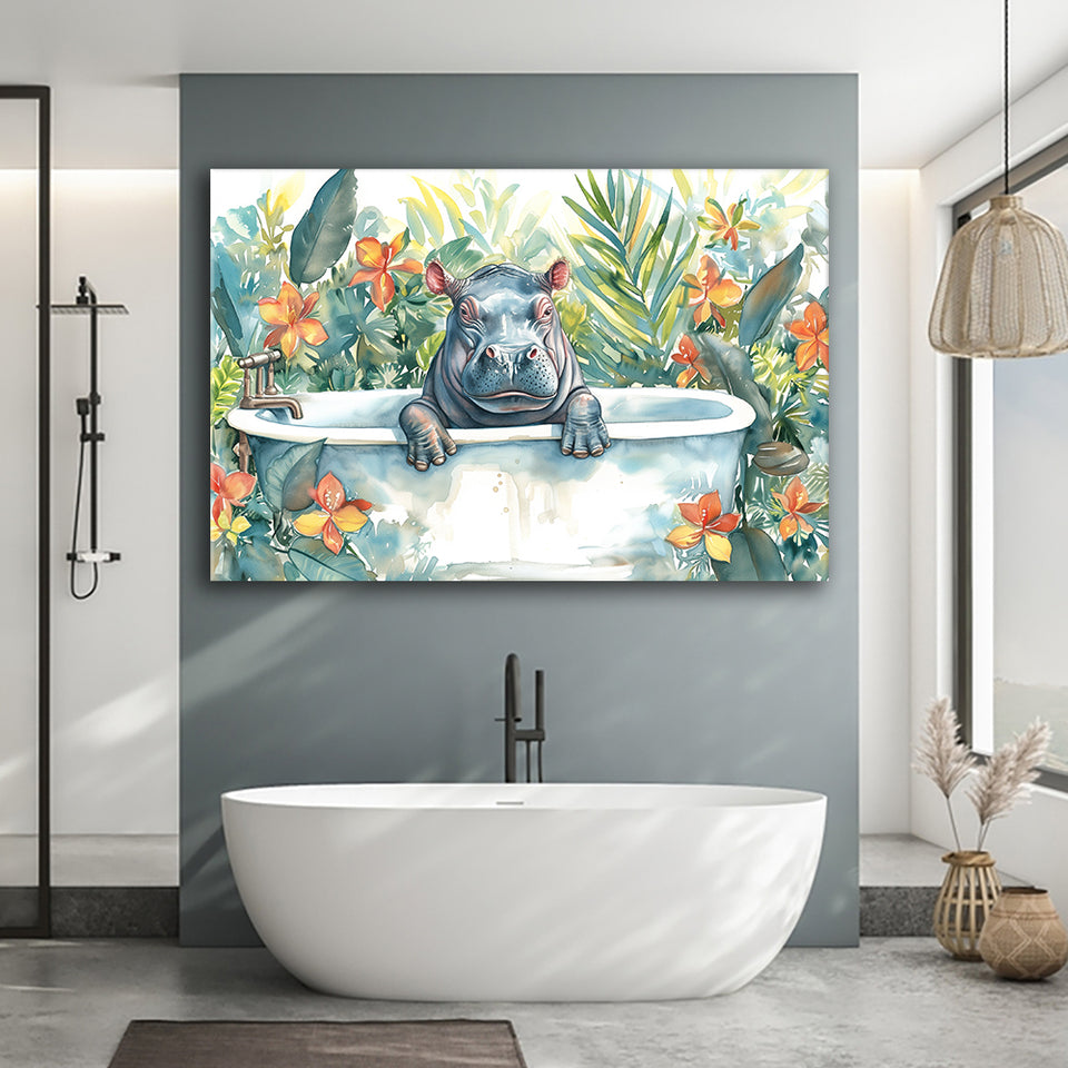 Baby Hippo In Bathtub Bathroom Print Tropical Leave, Bathroom Art Decor Canvas Prints Wall Art, Animal Bathroom Art