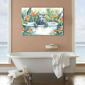 Baby Hippo In Bathtub Bathroom Print Tropical Leave, Bathroom Art Decor Canvas Prints Wall Art, Animal Bathroom Art