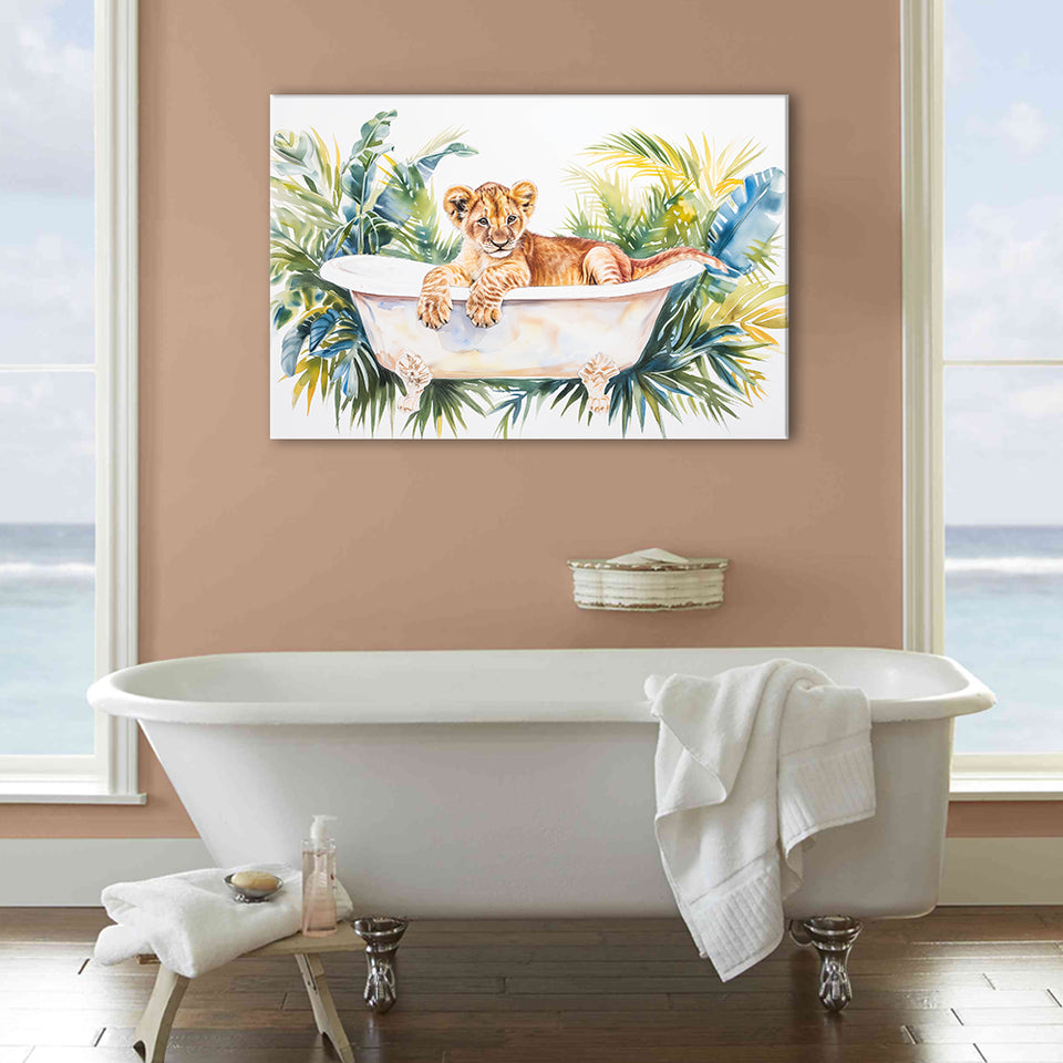 Baby Lion In Bathtub Bathroom Print Tropical Leave, Bathroom Art Decor Canvas Prints Wall Art, Animal Bathroom Art