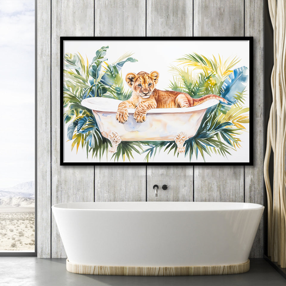 Baby Lion In Bathtub Bathroom Print Tropical Leave, Bathroom Art Decor Framed Art PrintsWall Art, Animal Bathroom Art