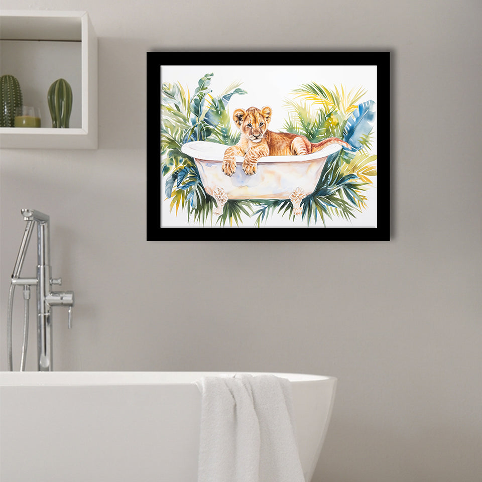 Baby Lion In Bathtub Bathroom Print Tropical Leave, Bathroom Art Decor Framed Art PrintsWall Art, Animal Bathroom Art