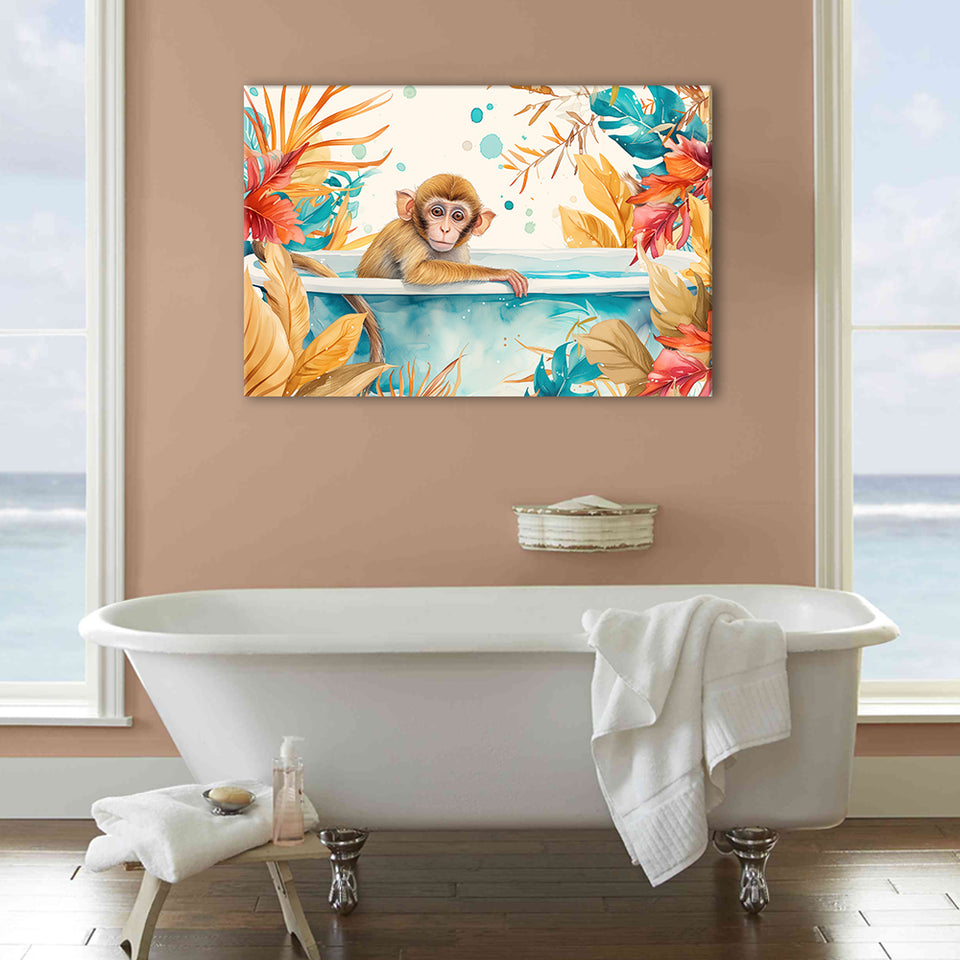Baby Monkey In Bathtub Bathroom Print Tropical Leave, Bathroom Art Decor Canvas Prints Wall Art, Animal Bathroom Art