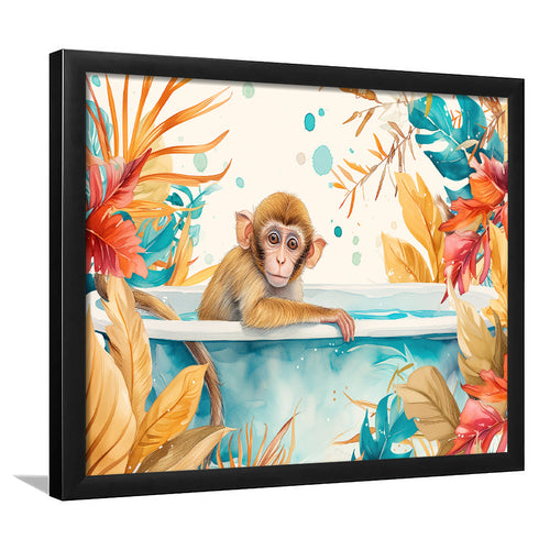 Baby Monkey In Bathtub Bathroom Print Tropical Leave, Bathroom Art Decor Framed Art PrintsWall Art, Animal Bathroom Art