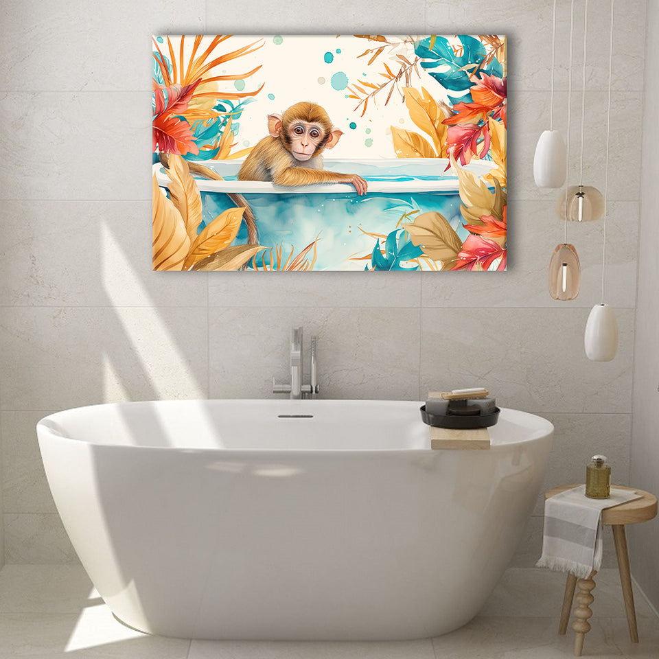Baby Monkey In Bathtub Bathroom Print Tropical Leave, Bathroom Art Decor Canvas Prints Wall Art, Animal Bathroom Art
