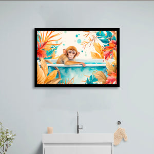 Baby Monkey In Bathtub Bathroom Print Tropical Leave, Bathroom Art Decor Framed Art PrintsWall Art, Animal Bathroom Art