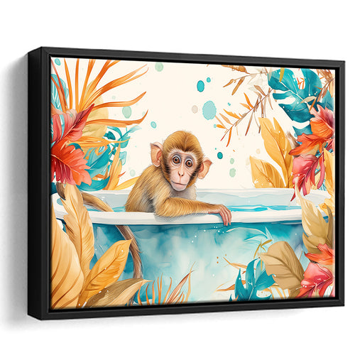 Baby Monkey In Bathtub Bathroom Print Tropical Leave, Bathroom Art Decor Framed Canvas Prints Wall Art,Floating Frame