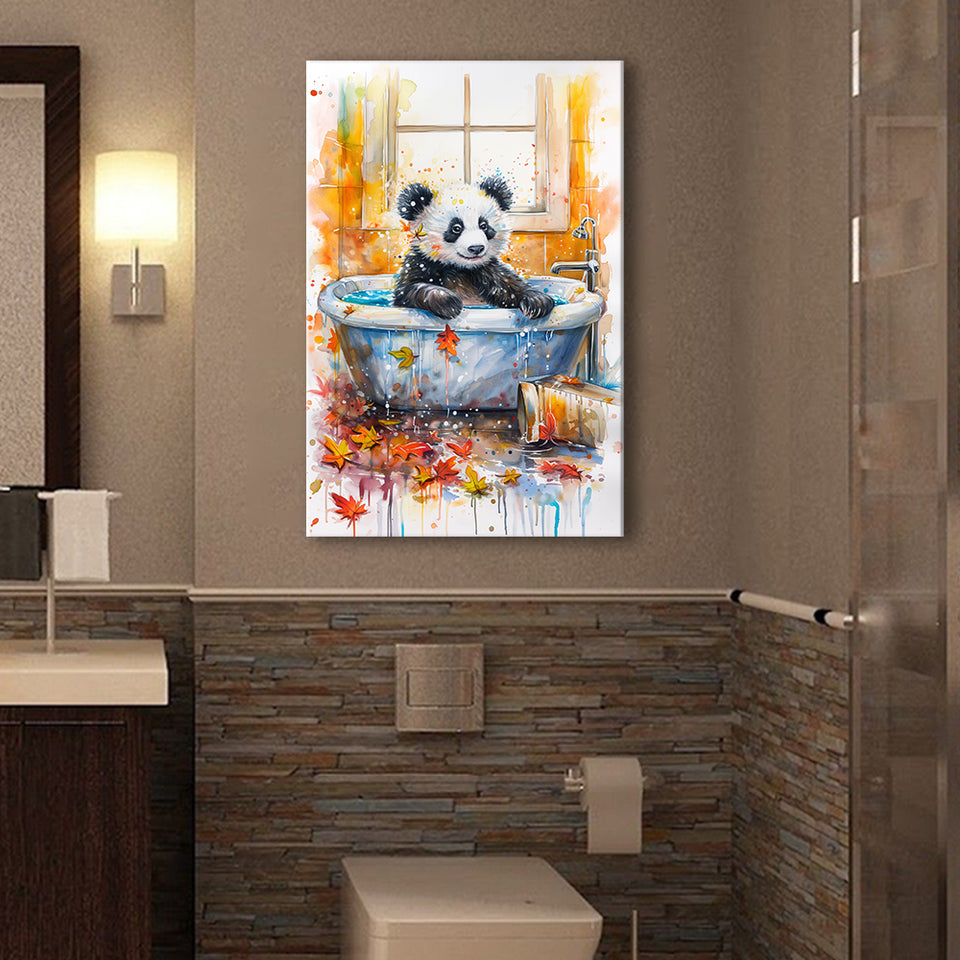 Baby Panda In Bathtub Bathroom Decor Print Tropical Leave Canvas Prints Wall Art, Bathroom Art Decor,
