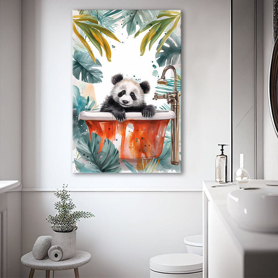 Baby Panda In Bathtub Bathroom Decor Print Tropical Leave V1 Canvas Prints Wall Art, Bathroom Art Decor,