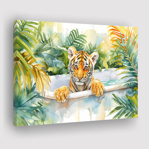 Baby Tiger In Bathtub Bathroom Print Tropical Leave, Bathroom Art Decor Canvas Prints Wall Art, Animal Bathroom Art