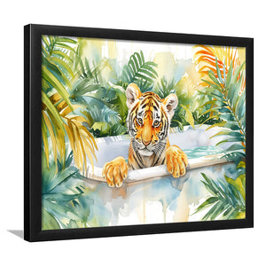 Baby Tiger In Bathtub Bathroom Print Tropical Leave, Bathroom Art Decor Framed Art PrintsWall Art, Animal Bathroom Art