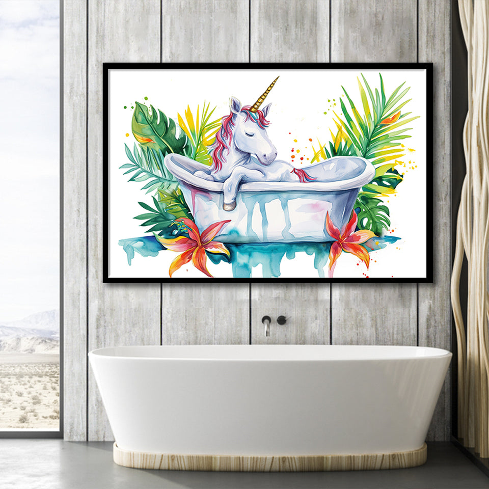 Baby Unicorn In Bathtub Bathroom Print Tropical Leave, Bathroom Art Decor Framed Art PrintsWall Art, Animal Bathroom Art
