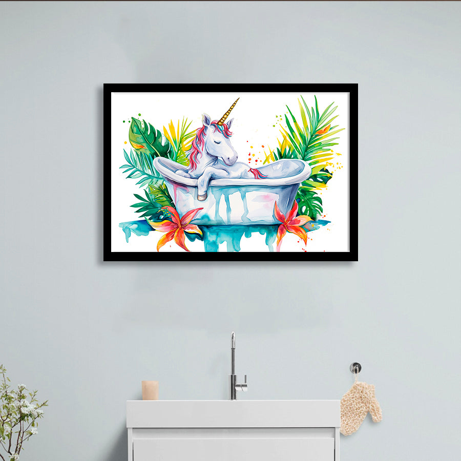 Baby Unicorn In Bathtub Bathroom Print Tropical Leave, Bathroom Art Decor Framed Art PrintsWall Art, Animal Bathroom Art
