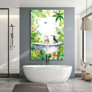 Bird In Bathtub Bathroom Decor Print Tropical Leave Canvas Prints Wall Art, Bathroom Art Decor,
