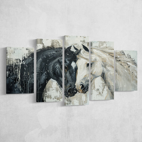 Couple Horse Loved Black Horse And White V3, 5 Panels Mixed Large Canvas, Canvas Prints Wall Art Decor