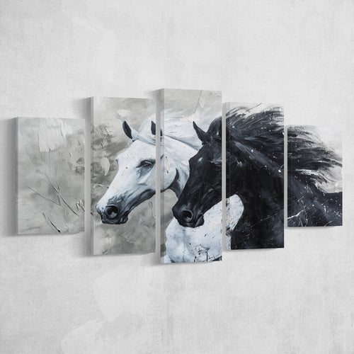 Couple Horse Running Together Black And White, 5 Panels Mixed Large Canvas, Canvas Prints Wall Art Decor
