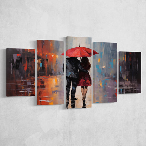 Couple In Love Under Reb Umbrella In New York City, 5 Panels Mixed Large Canvas, Canvas Prints Wall Art Decor