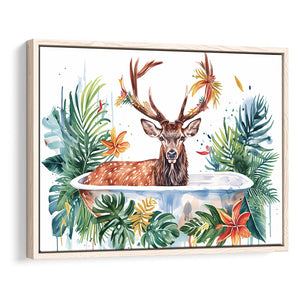 Deer Stag In Bathtub Bathroom Print Tropical Leave, Bathroom Art Decor Framed Canvas Prints Wall Art,Floating Frame