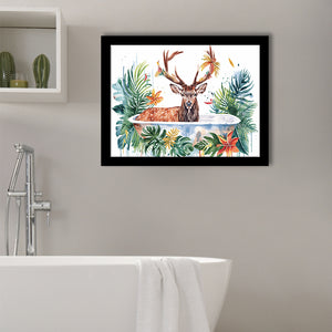 Deer Stag In Bathtub Bathroom Print Tropical Leave, Bathroom Art Decor Framed Art PrintsWall Art, Animal Bathroom Art
