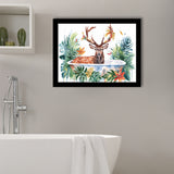 Deer Stag In Bathtub Bathroom Print Tropical Leave, Bathroom Art Decor Framed Art PrintsWall Art, Animal Bathroom Art