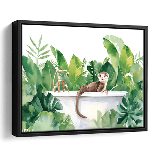 Ferrets In Bathtub Bathroom Print Tropical Leave, Bathroom Art Decor Framed Canvas Prints Wall Art,Floating Frame
