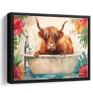 Highland Cow In Bathtub Bathroom Print Funny Animal, Bathroom Art Decor Framed Canvas Prints Wall Art,Floating Frame