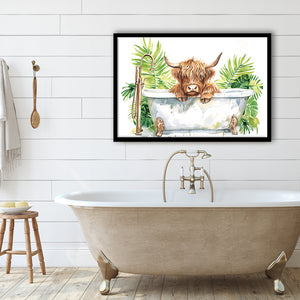 Highland Cow In Bathtub Bathroom Print Funny Animal V1, Bathroom Art Decor Framed Art PrintsWall Art, Animal Bathroom Art