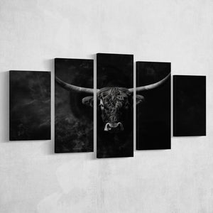 Highland Cow Long Horn Black And White V11, 5 Panels Mixed Large Canvas, Canvas Prints Wall Art Decor