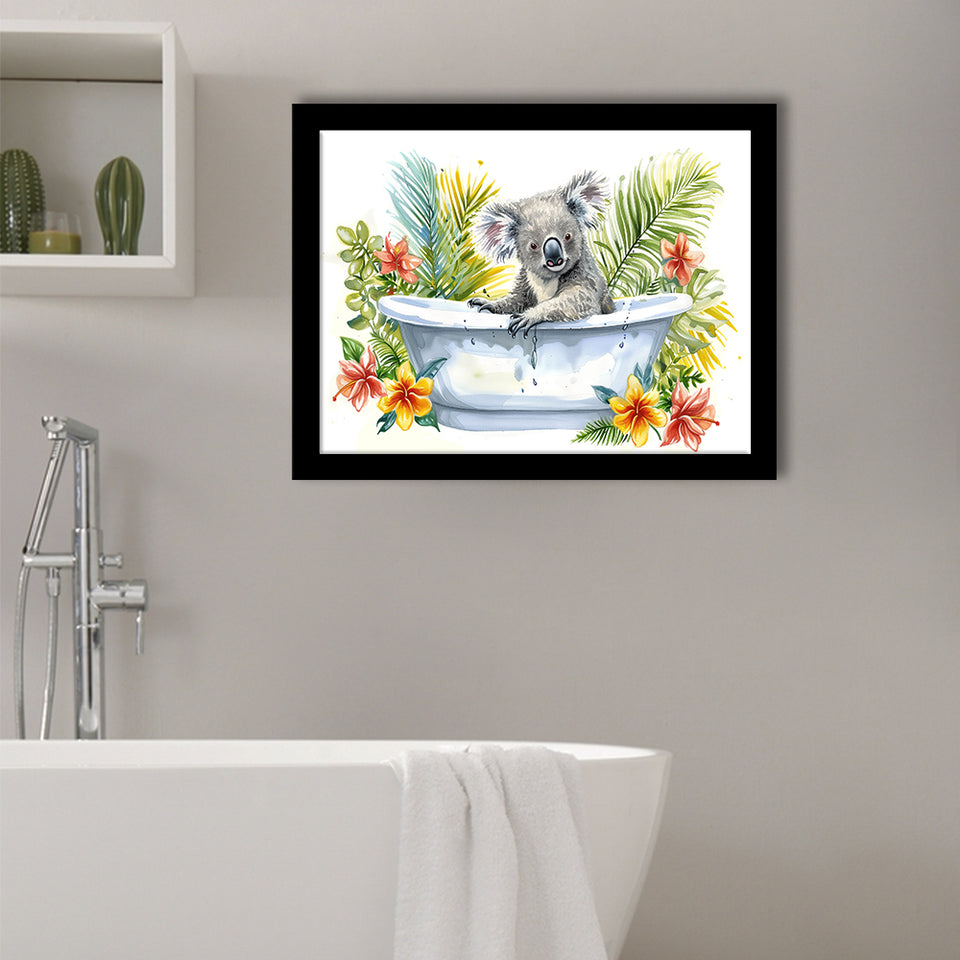 Koala In Bathtub Bathroom Print Tropical Leave, Bathroom Art Decor Framed Art PrintsWall Art, Animal Bathroom Art