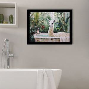 Llama In Bathtub Bathroom Tropical Leave, Bathroom Art Decor Framed Art PrintsWall Art, Animal Bathroom Art