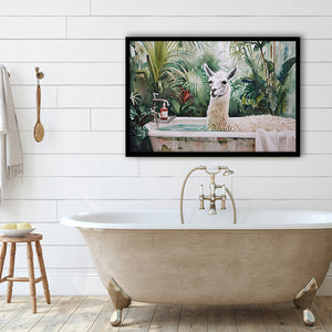 Llama In Bathtub Bathroom Tropical Leave, Bathroom Art Decor Framed Art PrintsWall Art, Animal Bathroom Art