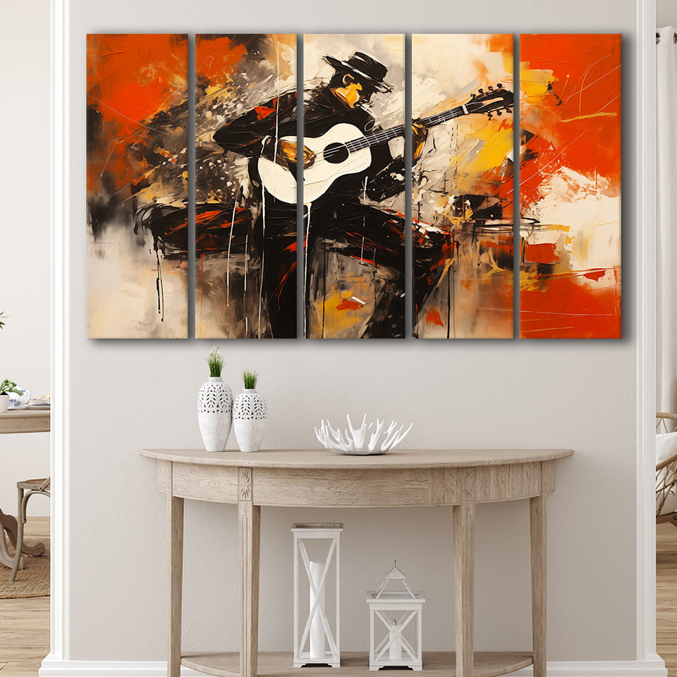 Man Playing Guita, Abstract Art, Oil Painting, 5 Panels Extra Large Canvas, Canvas Prints Wall Art Decor