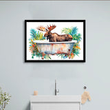 Moose In Bathtub Bathroom Print Tropical Leave, Bathroom Art Decor Framed Art PrintsWall Art, Animal Bathroom Art