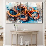 Octopus Watercolor Painting Mixed Color V1, 5 Panels Extra Large Canvas, Canvas Prints Wall Art Decor