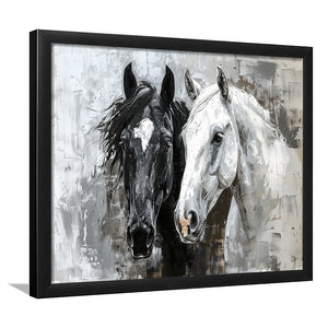 Oil Painting Couple Horse Portrait Black And White V2, Framed Art Print Wall Decor, Framed Picture
