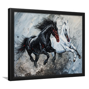 Painting Couple Horse Running Together Black And White V1, Framed Art Print Wall Decor, Framed Picture