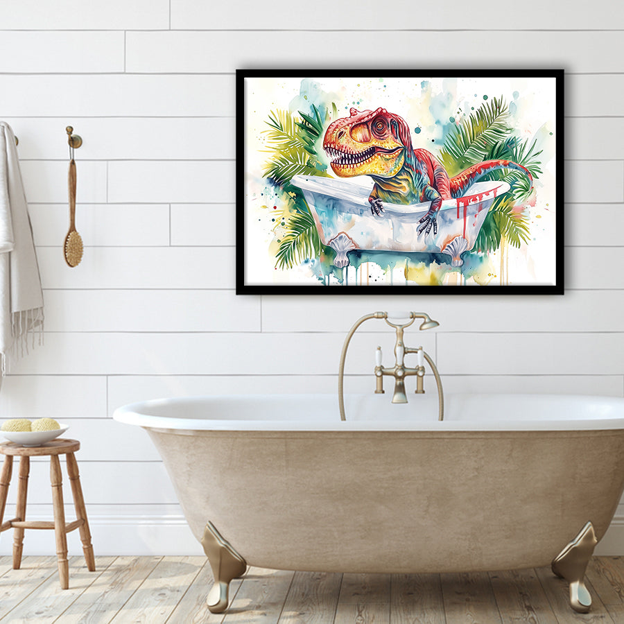 T-Rex In Bathtub Bathroom Print Tropical Leave, Bathroom Art Decor Framed Art PrintsWall Art, Animal Bathroom Art