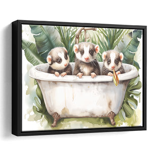 Three Ferrets In Bathtub Bathroom Print Tropical Leave, Bathroom Art Decor Framed Canvas Prints Wall Art,Floating Frame