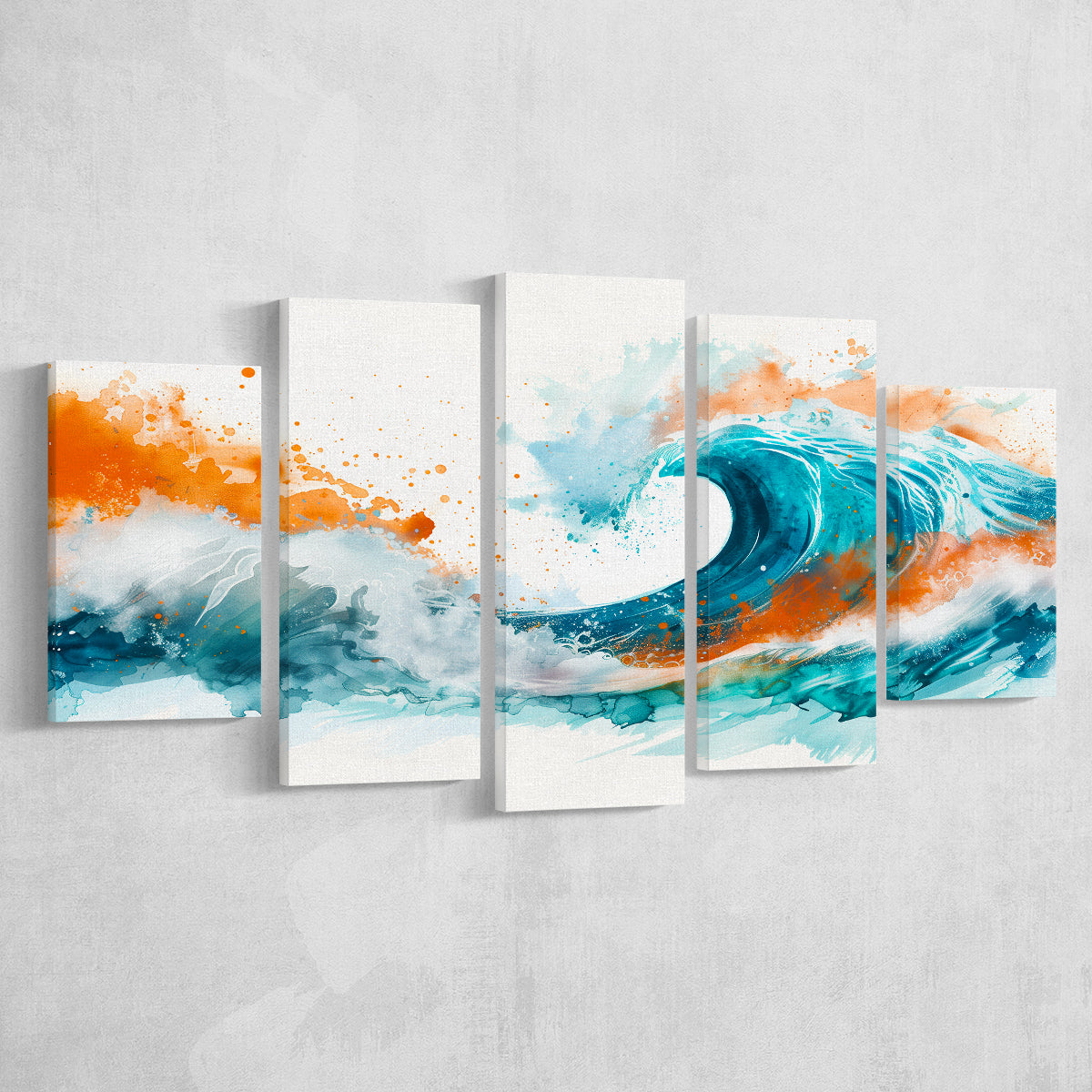 Turquoise Wave Watercolor Painting V1, 5 Panels Mixed Large Canvas