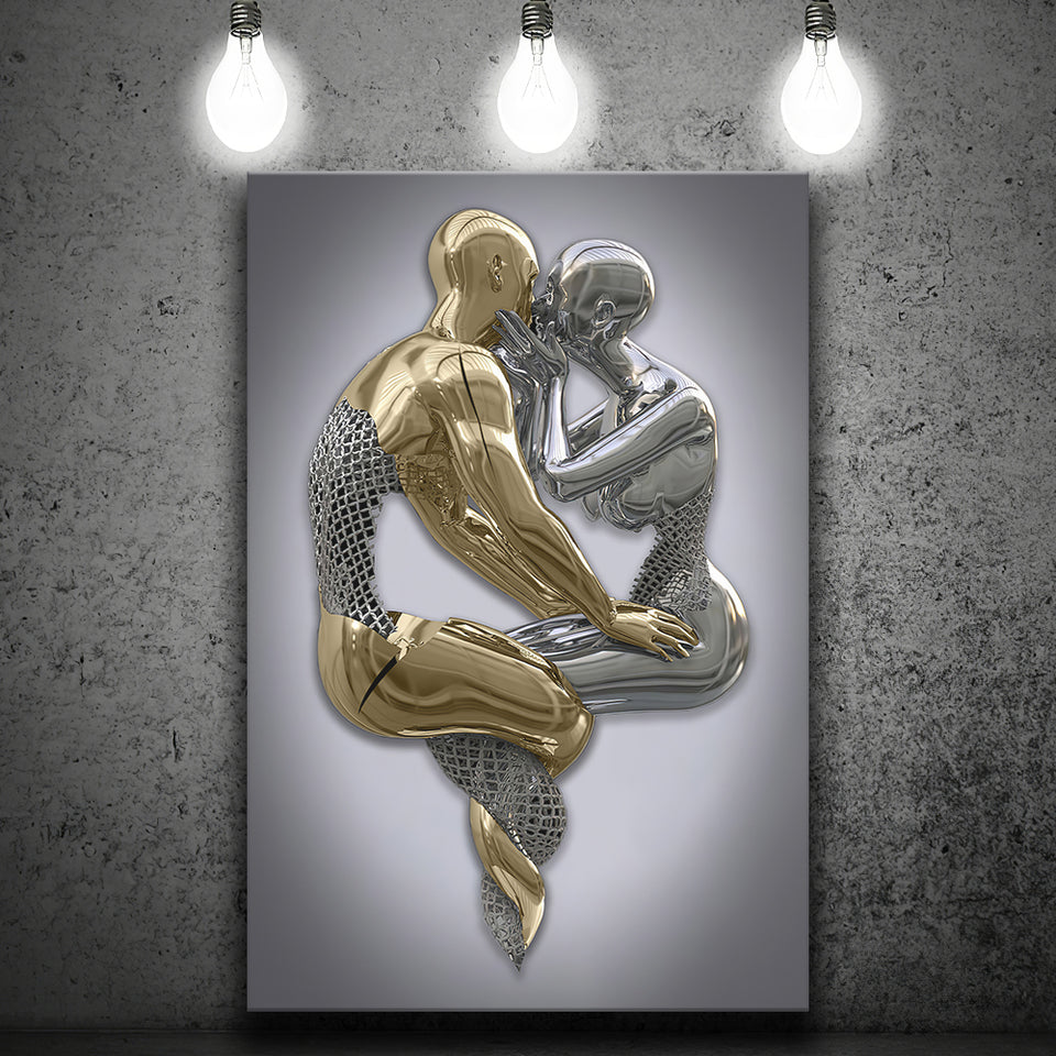 3D Effect Art Hugging Kissing Black & Gold Canvas Prints Wall Art - Painting Canvas, Wall Decor, Art Prints, Painting Prints