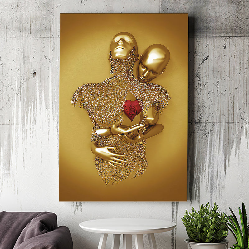 3D Effect Art Hug Love Red Moon Heart Gold Color V1 Canvas Prints Wall Art - Painting Canvas, Home Wall Decor, For Sale